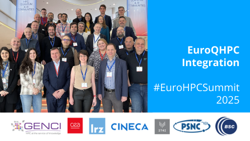 The image is a promotional banner for "EuroQHPC Integration" at the "#EuroHPC Summit 2025". On the left side, a group of adults is posing for a photo on stairs, with "HPC, Quantum & AI Communities" visible in the background. The right side features the text "EuroQHPC Integration" in large white font on a blue background, followed by "#EuroHPC Summit 2025" in a smaller font. Below, logos of various organizations including GENCI, cea, lrz, CINECA, PSNC, and BSC are displayed, suggesting their involvement in the event.