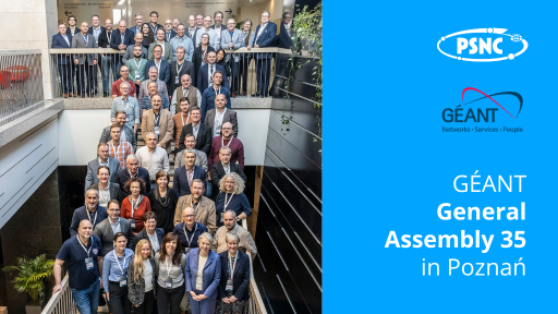 The image is a promotional banner for the "GÉANT General Assembly 35 in Poznań". On the left side, a large group of adults is captured in a multi-level indoor setting, possibly during the assembly. The right side of the banner features the PSNC logo at the top, followed by the GÉANT logo with the tagline "Networks • Services • People". Below the logos, the text "GÉANT General Assembly 35 in Poznań" is prominently displayed in white against a blue background.