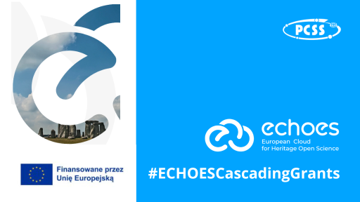 This image is a graphic design, likely for a digital banner or social media post, promoting a project called "ECHOES" and its related grants. A stylized, incomplete circle is the dominant feature. It's rendered with a gradient effect, transitioning from a light blue at the top to a darker, almost gray blue at the bottom. Within the circular design, a section of the iconic Stonehenge monument is visible. The stones are silhouetted against a cloudy sky, suggesting a historical or cultural context. The European Union flag and logo are present, accompanied by the Polish text "Finansowane przez Unię Europejską," which translates to "Funded by the European Union." This indicates that the ECHOES project receives EU funding.
