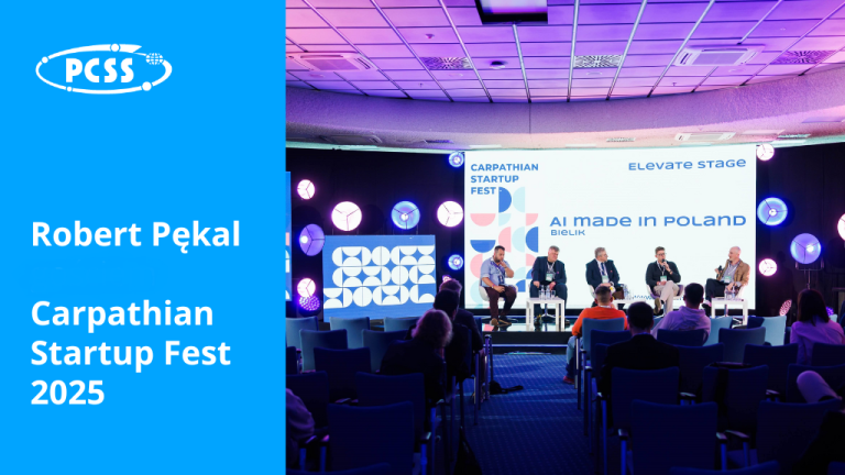 The image shows a conference with a large screen displaying "CARPATHIAN STARTUP FEST" and "AI made in POLAND". Several men are seated on stage, seemingly participating in a panel discussion. The left side of the image features a blue overlay with the text "PCSS," "Robert Pękal," and "Carpathian Startup Fest 2025," suggesting this is a promotional or informative graphic related to the event and the speaker.