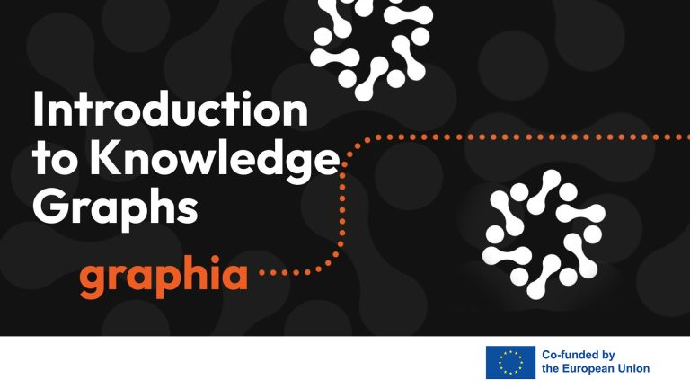The image is a title with a dark background and white and orange text. The large text reads "Introduction to Knowledge Graphs" with the word "graphia" in smaller orange letters below. There are also white, stylized molecular-like graphics in the corners and the European Union logo at the bottom right.