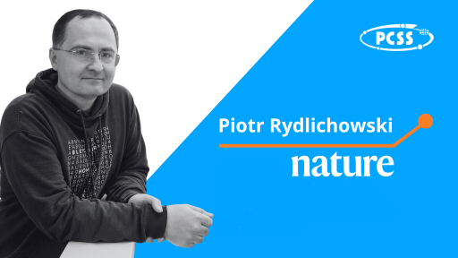 The image features a black and white portrait of a man, Piotr Rydlichowski, positioned on the left side against a white background. On the right, a vibrant blue area displays his name in white and the word "nature" in a smaller, also white font. An orange graphic element connects his name to the word "nature." The "PCSS" logo is visible in the upper right corner of the blue section. The overall design is clean and modern, likely for a presentation or promotional material.