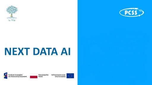 The image is split into a white left side and a blue right side. On the white side, the text "NEXT DATA AI" is prominently displayed in a large, bold, teal font. Below, smaller text indicates funding from the European Funds for Modern Economy, the Republic of Poland, and the European Union. The blue side features a white oval logo at the top right containing "PCSS" and a stylized globe.