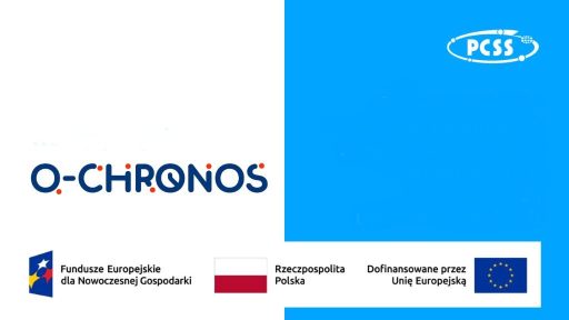 The image is divided into two main sections: a white area on the left and a blue area on the right. The white section prominently features the text "Q-CHRONOS" in blue with red dots within the letters "O". Below this, it displays the logo of the European Funds for Modern Economy in blue and yellow, the Polish flag, and the words "Rzeczpospolita Polska". The blue section on the right includes the "PCSS" logo at the top and the phrase "Dofinansowane przez Unię Europejską" (Co-financed by the European Union) along with the European Union flag at the bottom. 