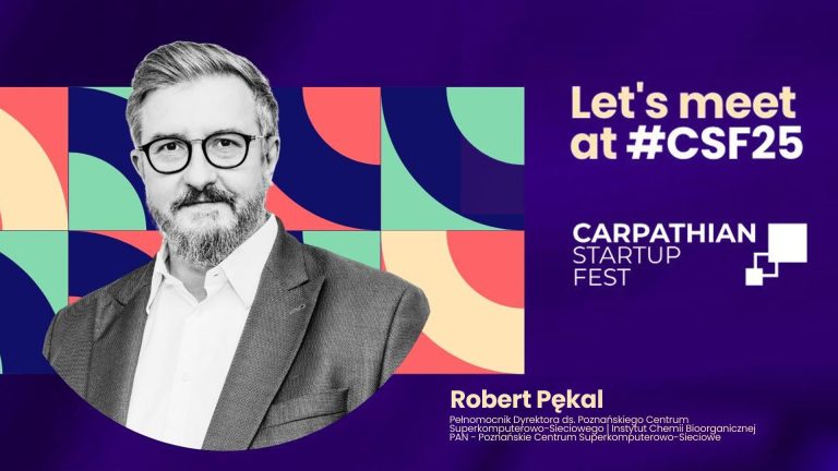 The image is a promotional graphic featuring the Director of PSNC Robert Pękal on the left side, set against a colorful, abstract background. On the right, large purple text reads "Let's meet at #CSF25" above "CARPATHIAN STARTUP FEST." Below the man, his name is displayed along with his title and affiliation.
