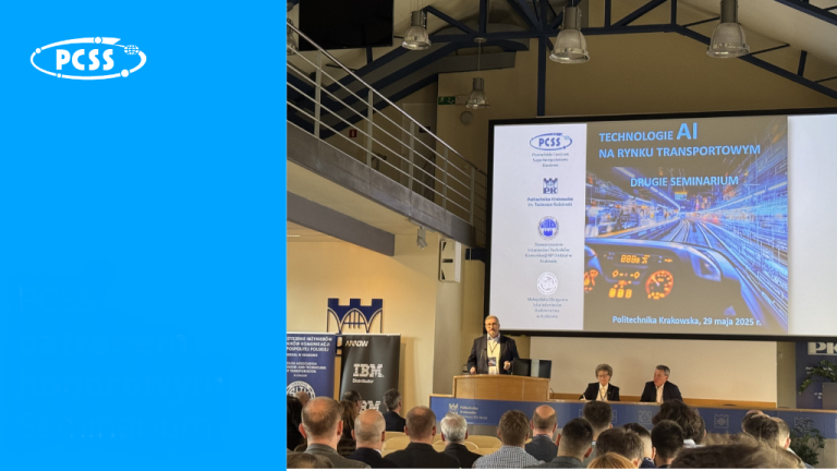 The image depicts an indoor seminar. The speaker – Robert Pękal is at a podium on a stage, addressing an audience seated in rows. Behind the speaker, a large screen displays a presentation titled "TECHNOLOGIE AI NA RYNKU TRANSPORTOWYM" (AI TECHNOLOGIES IN THE TRANSPORT MARKET) and mentions "DRUGIE SEMINARIUM" (SECOND SEMINAR) and "Politechnika Krakowska, 29 maja 2025 r." (Cracow University of Technology, 29 May 2025).