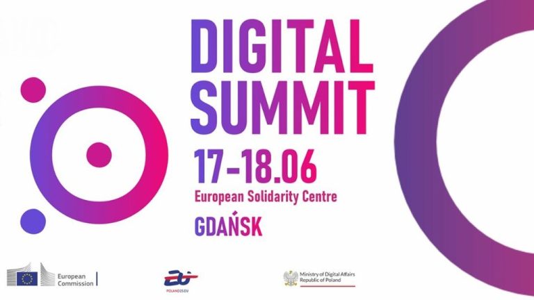 The image is a promotional banner or poster for an event titled "DIGITAL SUMMIT." **Key elements visible in the picture are:** * **Event Title:** The large text "DIGITAL SUMMIT" is centrally placed at the top, with letters in a gradient from purple to pink. * **Date:** Below the title, in pink font, is the date "17-18.06." * **Location:** Below the date, in a smaller font, it says "European Solidarity Centre," and then in larger letters, "GDAŃSK," both phrases in pink. * **Graphic Elements:** * On the left side, against a white background, there's a large, stylized graphic resembling a target or eye, which is a circle with a smaller circle in its center, flanked by two smaller dots. The entire graphic uses purple and pink gradients. * On the right side, a partial, much larger circle in similar colors is visible, extending off the edge of the frame. * **Logos of Partners/Organizers:** At the bottom of the image, from left to right, three logos are displayed: * The European Commission logo (with stars and the EU flag). * The "POLAND2020.EU" logo. * The coat of arms of Poland with the text "Ministry of Digital Affairs Republic of Poland." **Overall Impression:** The banner has a modern, dynamic appearance due to the use of color gradients (purple, pink) and simple yet distinct graphic forms. The background is white, ensuring good visibility for the text and graphics. The design is clear and effectively conveys key information about the event.