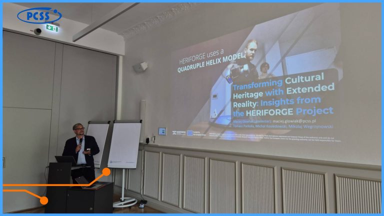 The image captures an indoor presentation setting, likely at a conference or seminar. In the center of the frame, a projector screen displays a presentation slide. The title of the presentation is "Transforming Cultural Heritage with Extended Reality: Insights from the HERIFORGE Project". Below the title, the presenters are listed as Maciej Głowiak (presenter), Tomasz Pawłowski, Michał Kołodziejski, and Mikołaj Węgrzynowski. The slide also features a graphic with the text "HERIFORGE USES a QUADRUPLE HELIX MODEL" and an image related to extended reality. Logos for "HERIFORGE" and "Funded by the European Union" are visible at the bottom of the screen. To the left of the screen, a man in a suit jacket and light shirt is standing behind a podium, holding a small device (possibly a clicker or microphone). He appears to be delivering the presentation. Next to the podium, there are two flip charts on stands. The room has light-colored walls with decorative wainscoting along the bottom. There's a ceiling-mounted projector and what looks like an exit sign above the door on the left side of the room. Similar to the previous image, there's a white "PCSS" logo in the top left corner and a blue band with an orange circuit-like graphic along the bottom left.