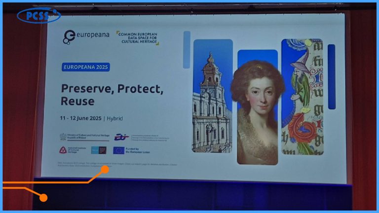 This image shows a large screen displaying information about the "Europeana 2025" event. The main text on the screen reads "Preserve, Protect, Reuse" with the dates June 11-12, 2025, indicating a hybrid conference format. Logos of supporting institutions, such as the Polish Ministry of Culture and National Heritage, and information about EU funding are also visible. The screen features graphics of architectural fragments, a historical portrait, and decorative motifs, suggesting a focus on cultural heritage.