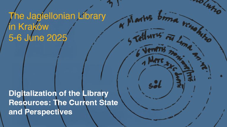 This image is an informational slide or poster for a conference. The text indicates a conference titled "Digitalization of the Library Resources: The Current State and Perspectives" to be held at "The Jagiellonian Library in Kraków" on "5-6 June 2025." The background features a hand-drawn diagram resembling a geocentric model of the solar system, with "sol" (sun) at the center and various planetary names written in Latin around it.