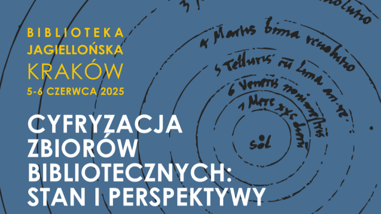 The image is an informational poster, likely for a conference or event, with a dominant blue background. On the left side, white and yellow text announces "BIBLIOTEKA JAGIELLOŃSKA KRAKÓW" and the dates "5-6 CZERWCA 2025," followed by the main topic "CYFRYZACJA ZBIORÓW BIBLIOTECZNYCH: STAN I PERSPEKTYWY" (Digitalization of the Library Resources: The Current State and Perspectives). The right side features a handwritten, circular diagram with Latin text, reminiscent of a celestial or astronomical chart, centered around the word "sol".