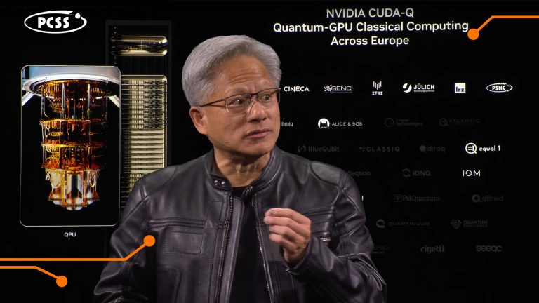 The image shows Jensen Huang, the CEO of NVIDIA, standing in front of a large presentation screen. Jensen Huang is a man with short, gray hair and glasses, wearing a black leather jacket. His right hand is slightly raised, as if he is gesturing while speaking. The background behind him is a dark screen with white and orange graphic elements. On the left side of the screen, there is a schematic image of a quantum processing unit (QPU), and at the top, the "PCSS" logo. In the central part of the screen, there is a heading "NVIDIA CUDA-Q Quantum-GPU Classical Computing Across Europe." Below this heading, there is a grid of logos of various institutions and companies, likely partners or research centers in Europe involved in quantum computing. Among them, in the upper right corner of the grid, the "PSNC" logo is visible. At the bottom of the screen, there are orange lines resembling circuit paths.