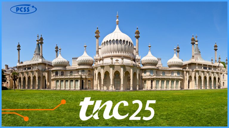 The image displays a wide shot of the Royal Pavilion in Brighton, England, under a clear blue sky. The magnificent building, with its distinctive Indo-Saracenic architectural style, features numerous domes, minarets, and ornate detailing, all painted in a light, possibly white or cream, color. In the foreground, a vibrant green lawn stretches across the bottom of the frame, providing a lush contrast to the building. In the bottom left corner, there's an orange-colored graphic element that resembles a stylized circuit or network connection, leading towards the center. In the bottom right corner, the text "tnc25" is prominently displayed in white.