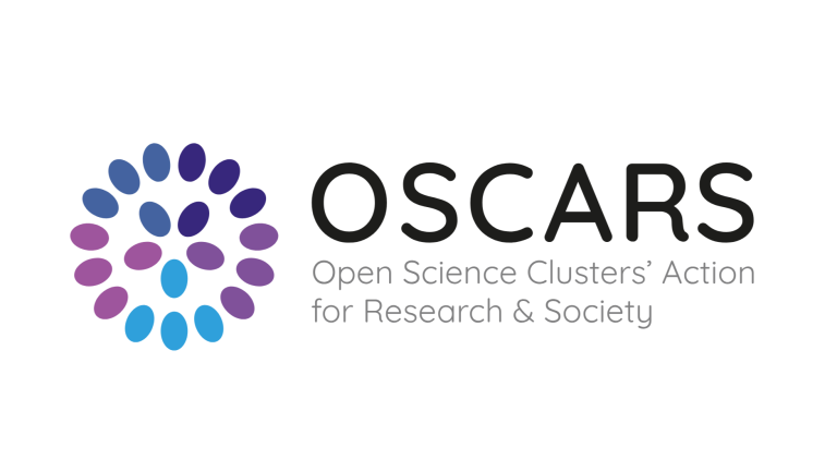 The image displays the logo for "OSCARS" which stands for "Open Science Clusters' Action for Research & Society". On the left side of the logo, there's a circular graphic composed of multiple oval or tear-drop shapes arranged in a radial pattern. These shapes are colored in various shades of purple and blue, transitioning from darker purples at the top to lighter blues at the bottom. To the right of this graphic, the word "OSCARS" is written in a bold, black, sans-serif typeface. Below "OSCARS", the full name "Open Science Clusters' Action for Research & Society" is written in a smaller, gray, sans-serif font. The overall background of the logo is white.